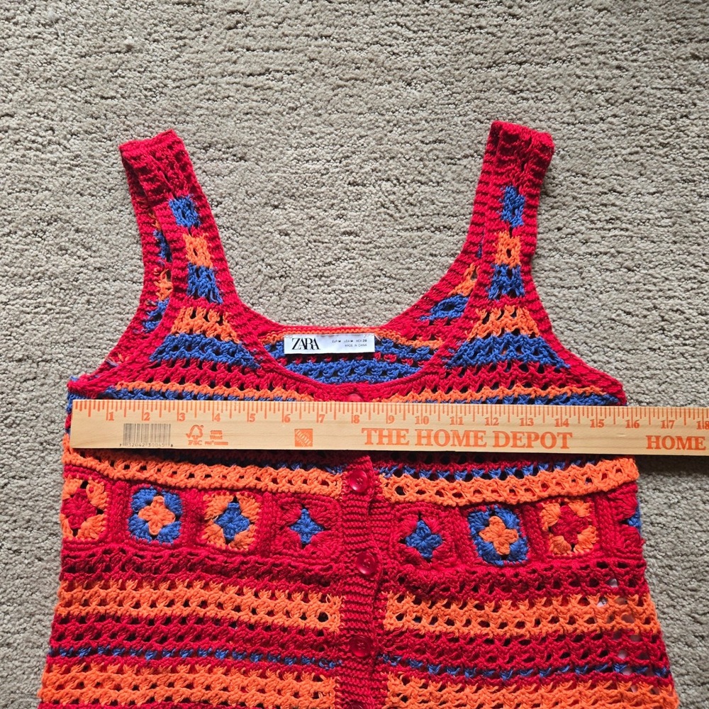 Zara Crochet Knit Crop Top Red Orange Blue Boho Button Front Tank Medium - Picture 2 of 4